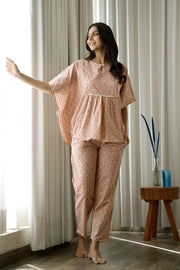 Women Pink & Cream-Coloured Printed Indo Western Kaftan Pyjama Set