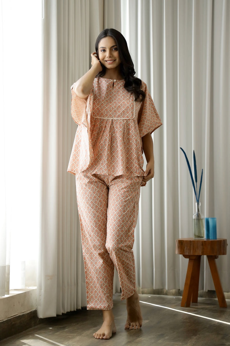 Women Pink & Cream-Coloured Printed Indo Western Kaftan Pyjama Set