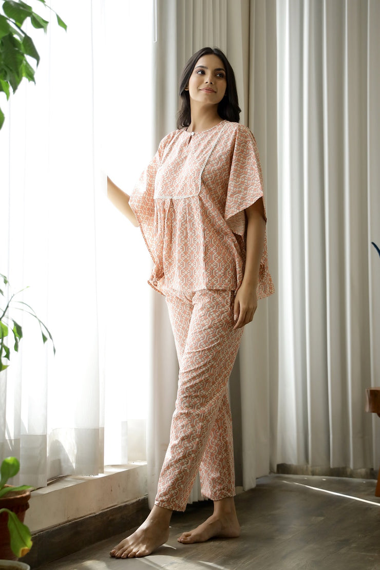 Women Pink & Cream-Coloured Printed Indo Western Kaftan Pyjama Set