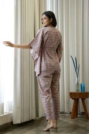 Women Grey Rust and Orange Pure Cotton Printed Kaftan Pyjama Night Suit Set