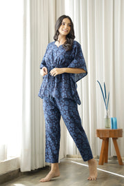 Women Navy Blue Floral Printed Cotton Kaftan with Pyjama