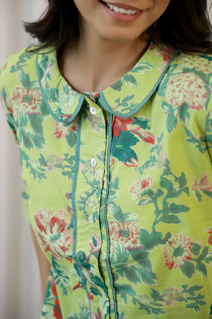 Parrot Green Cotton  Floral Printed With Peter Pan Collar Night Suit Set