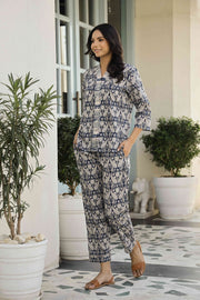 Navy Blue & Grey Printed Pure Cotton Night suit
