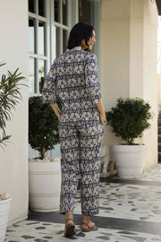 Navy Blue & Grey Printed Pure Cotton Night suit