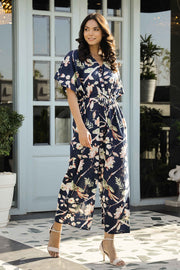 Navy Blue Printed Cotton  loose fit jumpsuit