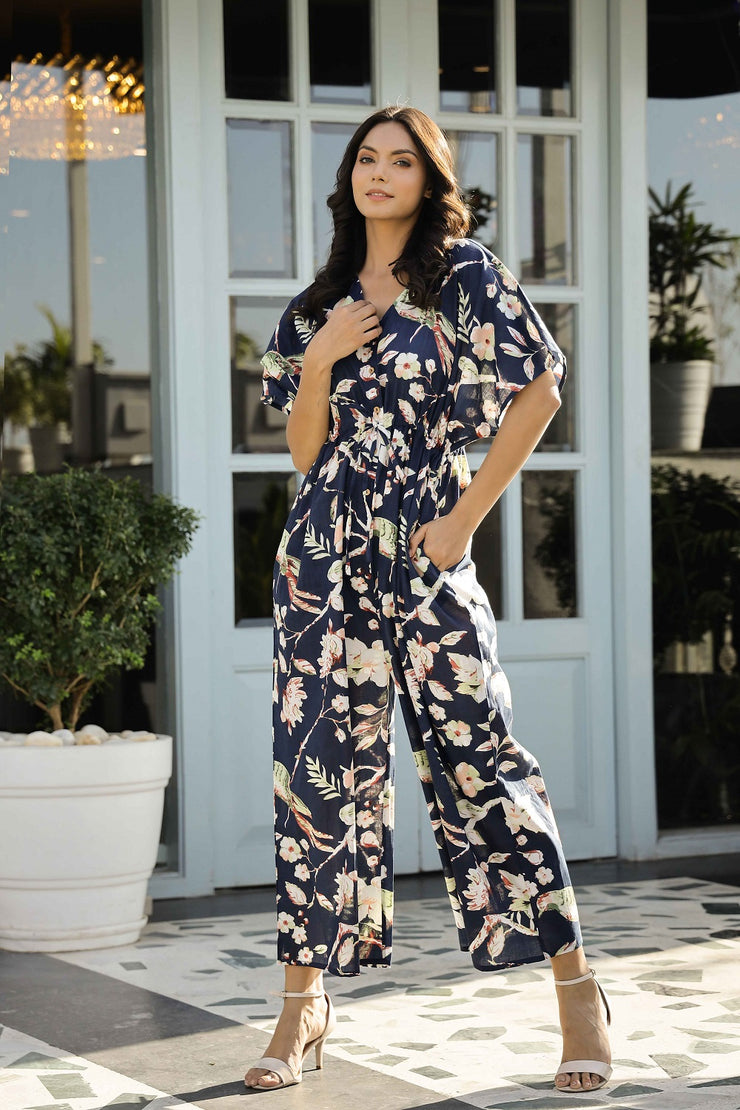 Navy Blue Printed Cotton  loose fit jumpsuit