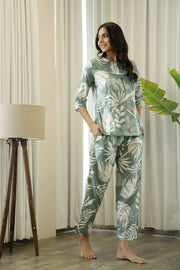 Green Cotton Printed Night Suit Set with Pajama