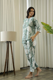 Green Cotton Printed Night Suit Set with Pajama