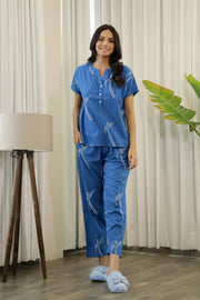 Women Blue and White Conversational Eagle printed Night suit set with pyjama