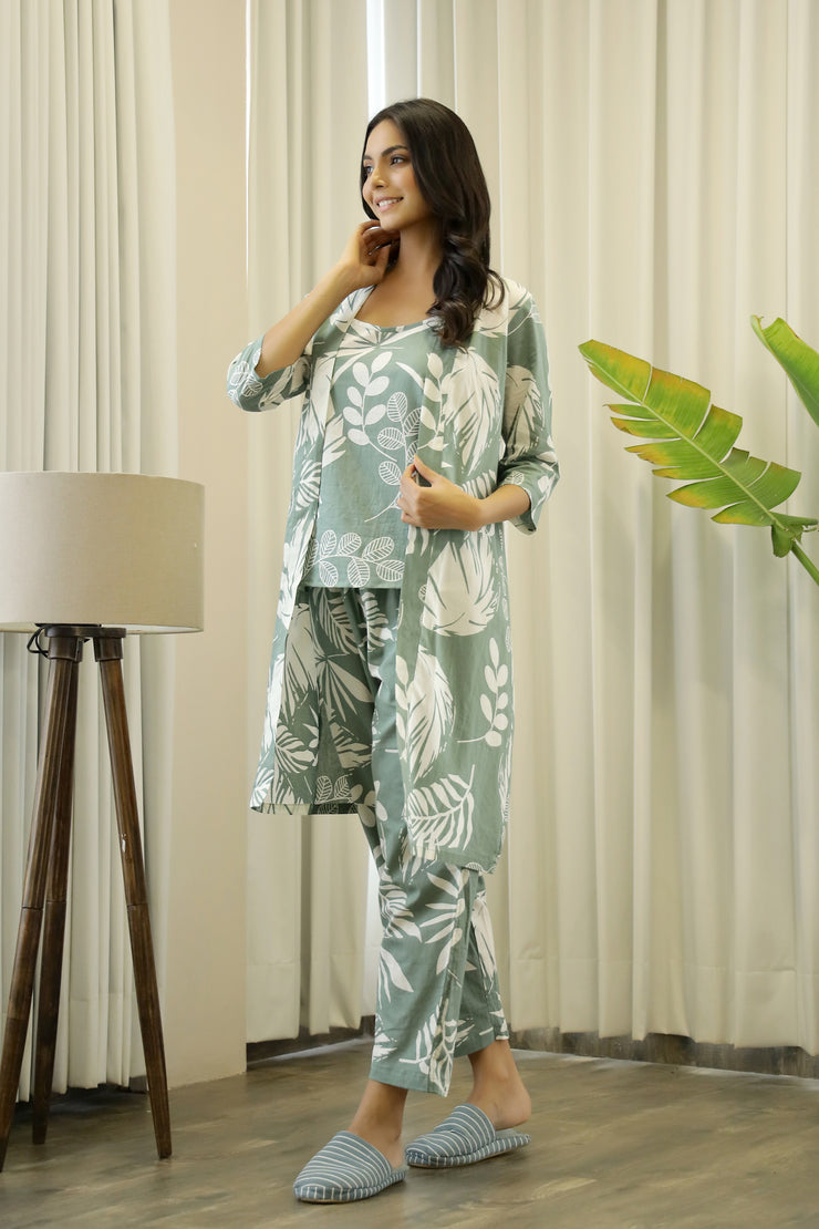 Green Cotton Printed 3 PEICE Night Suit Set with Pyjama