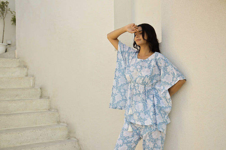 White & Blue Printed Kaftan Set