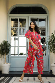 Red PINK Printed Cotton jumpsuit
