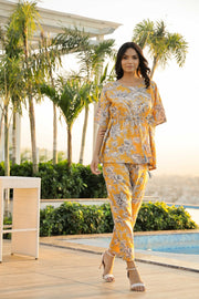 Yellow Cotton Printed Kaftan and Pajama Set