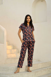 Navy Blue Printed Pure Cotton Night suit