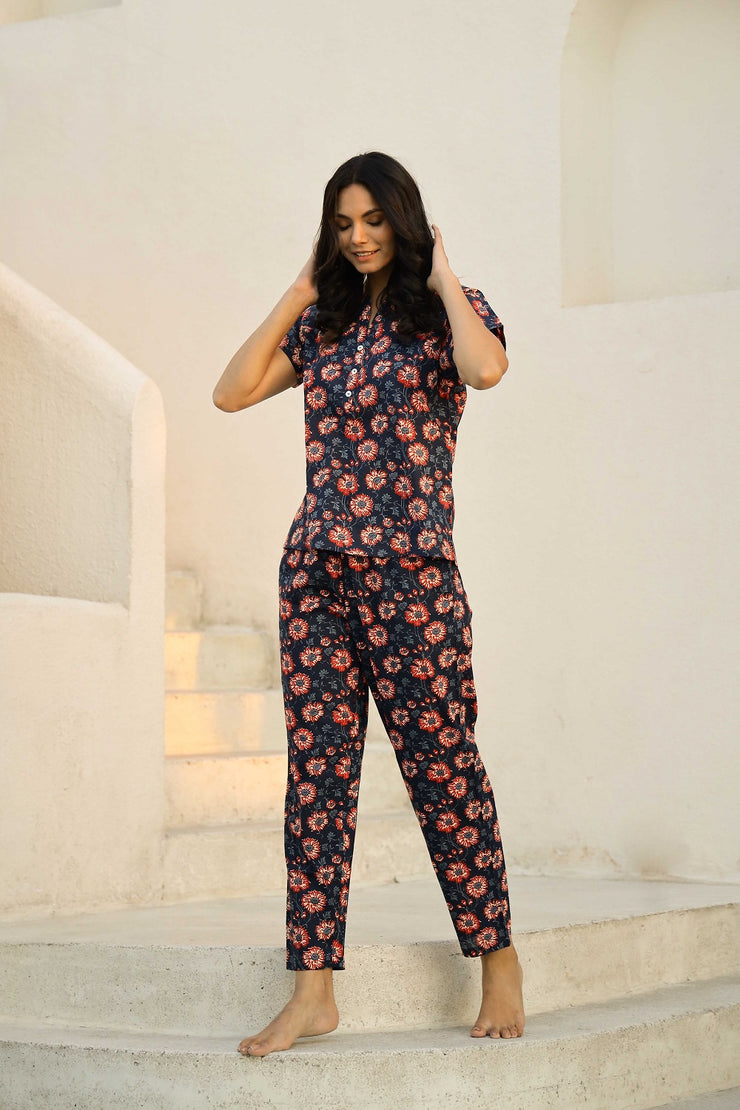 Navy Blue Printed Pure Cotton Night suit