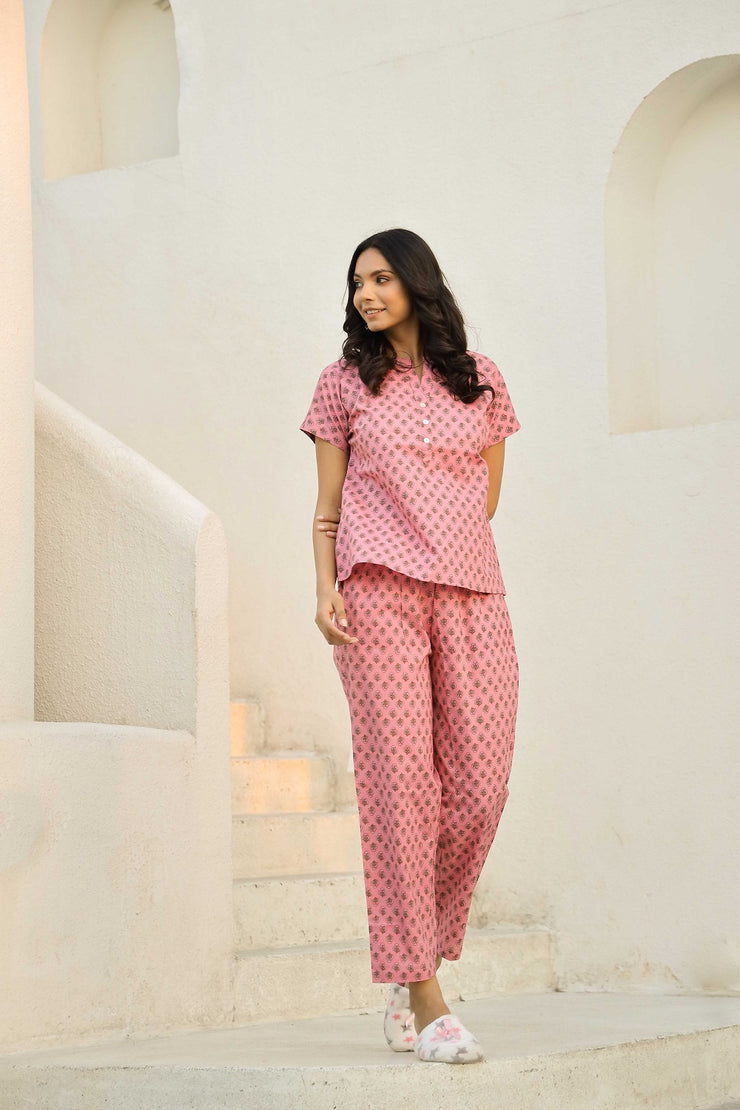 Flamingo pink printed pure cotton night suit set