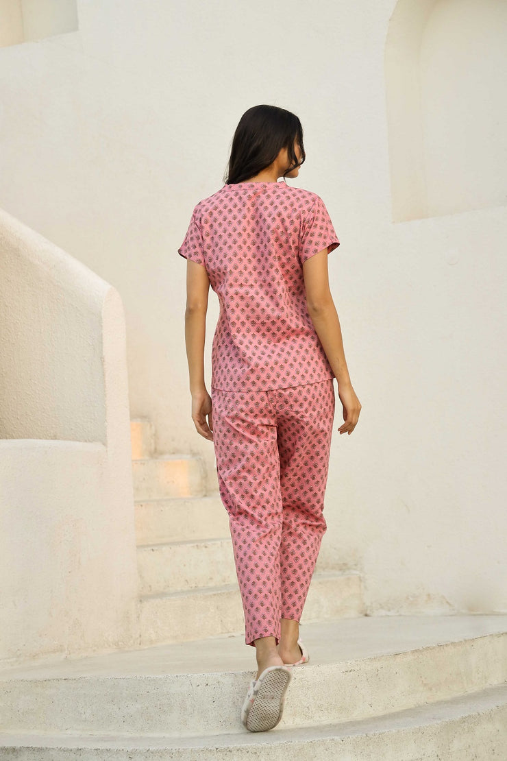 Flamingo pink printed pure cotton night suit set