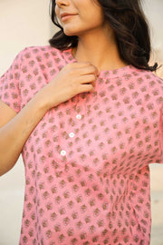 Flamingo pink printed pure cotton night suit set