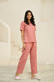 Peach pink printed pure cotton night suit set