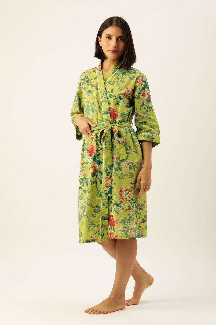 Green Pure Cotton hand printed  kimono robe