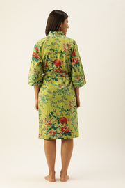 Green Pure Cotton hand printed  kimono robe