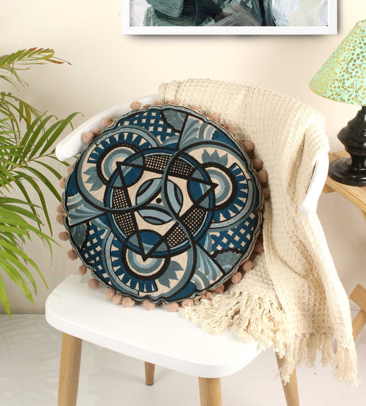 Royal Yantra Embroidery Round Cotton Cushion