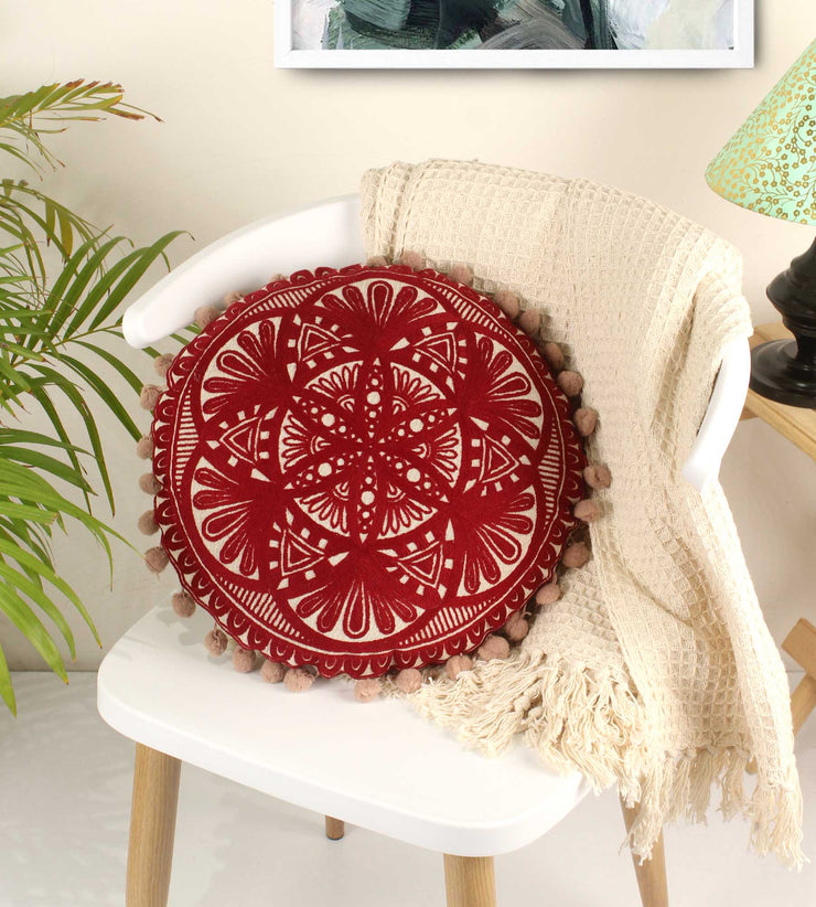 Crimson Embroidery Round Cotton Cushion