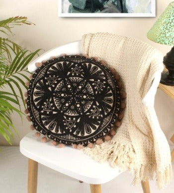 Black Entwine Embroidery Round Cotton Cushion