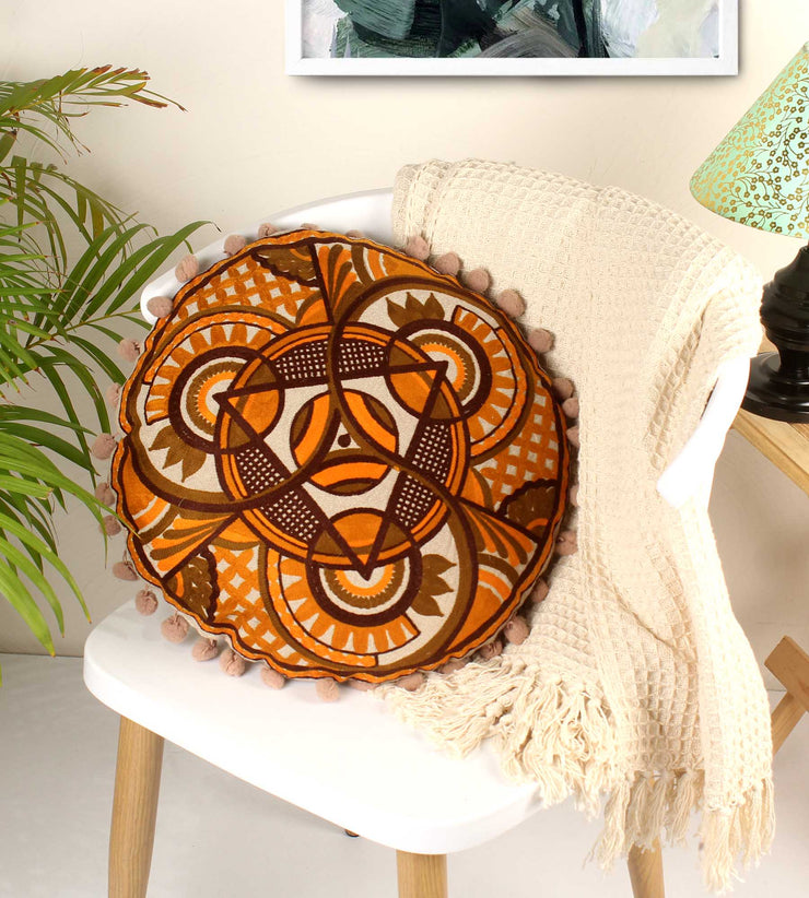 Mustard Yantra Embroidery Round Cotton Cushion