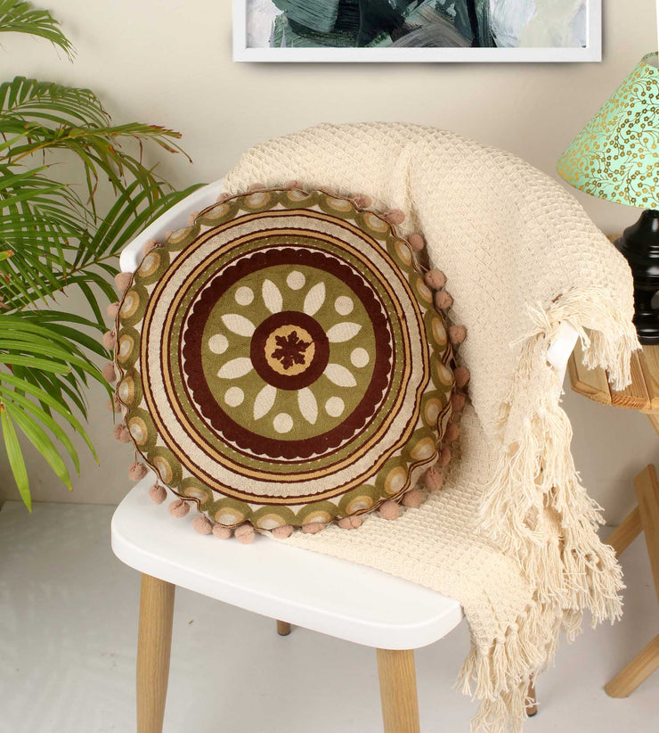 Dusky Embroidery Round Cotton Cushion