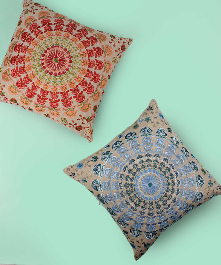 Set of 2 Hand Embroidered Cotton Multicolor Cushion Cover