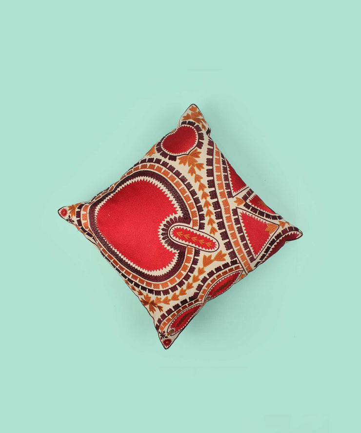 Red Embroidered Cotton Cushion Cover