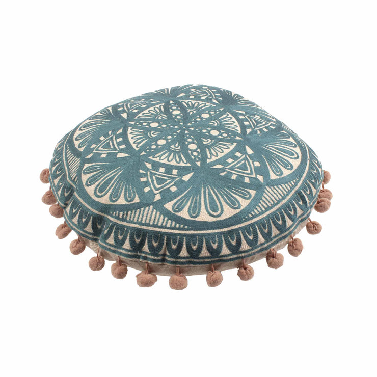 Teal Entwine Embroidery Round Cotton Cushion