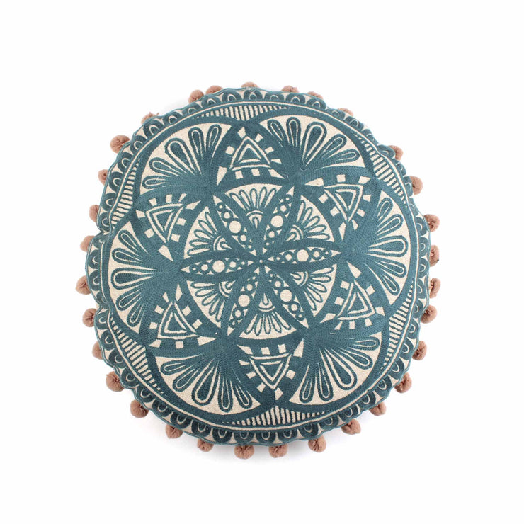 Teal Entwine Embroidery Round Cotton Cushion