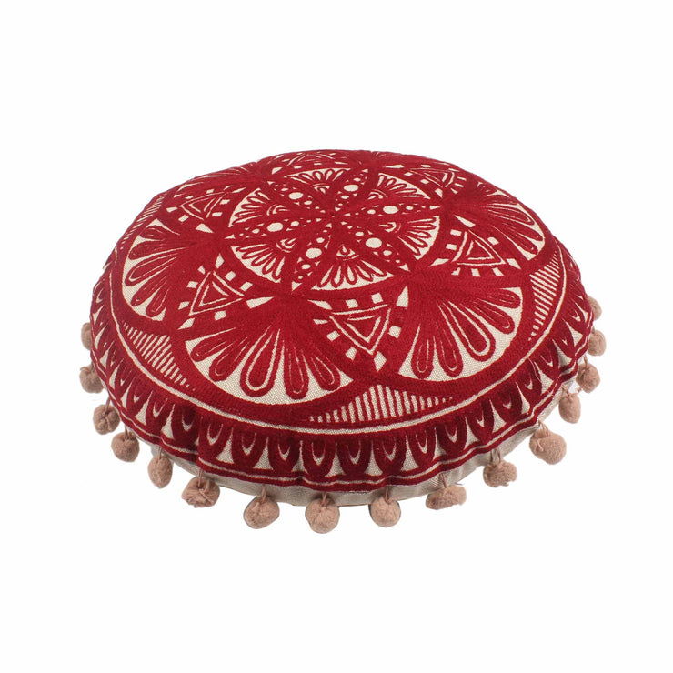 Crimson Embroidery Round Cotton Cushion