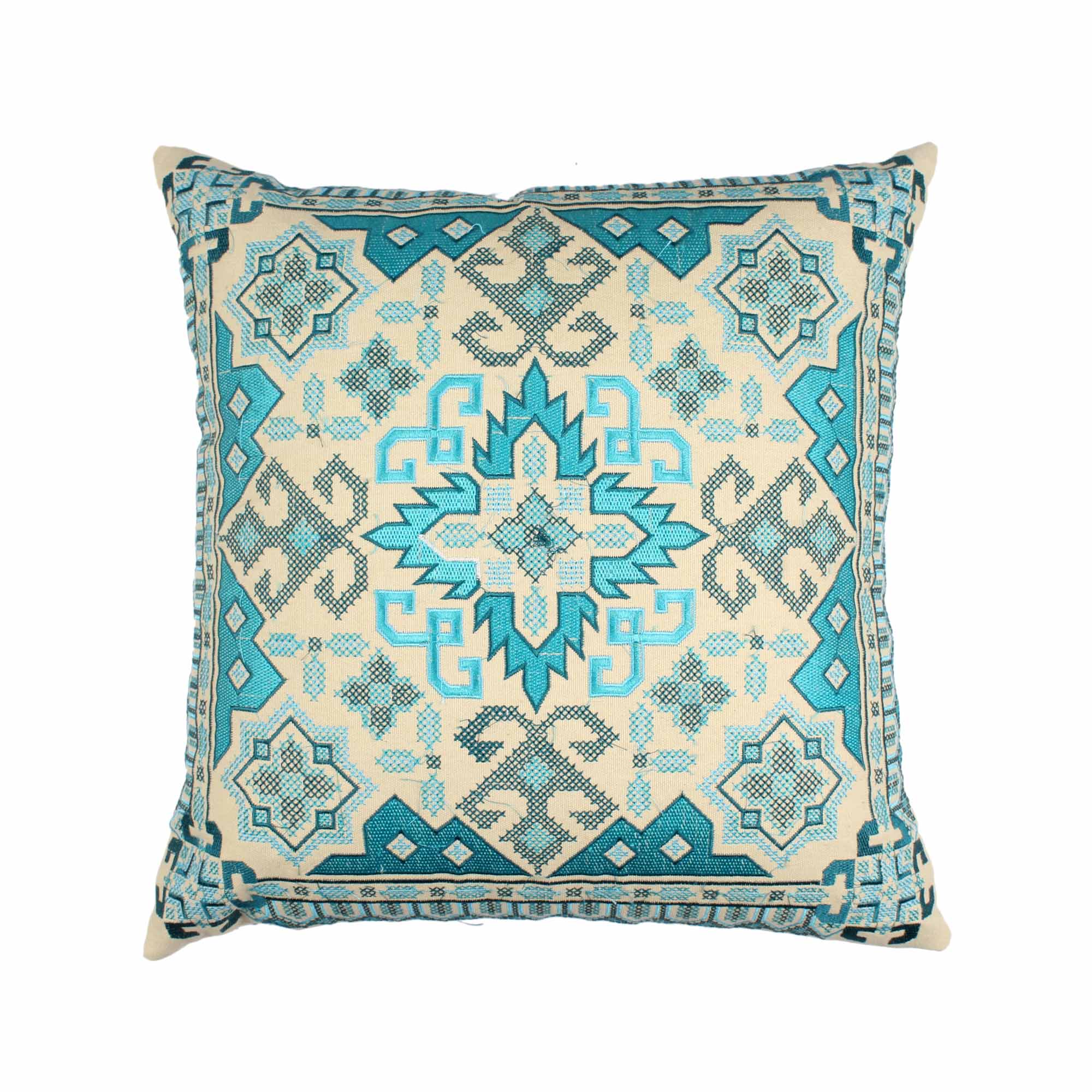Teal Hand-made Cotton Embroidered Cushion Cover