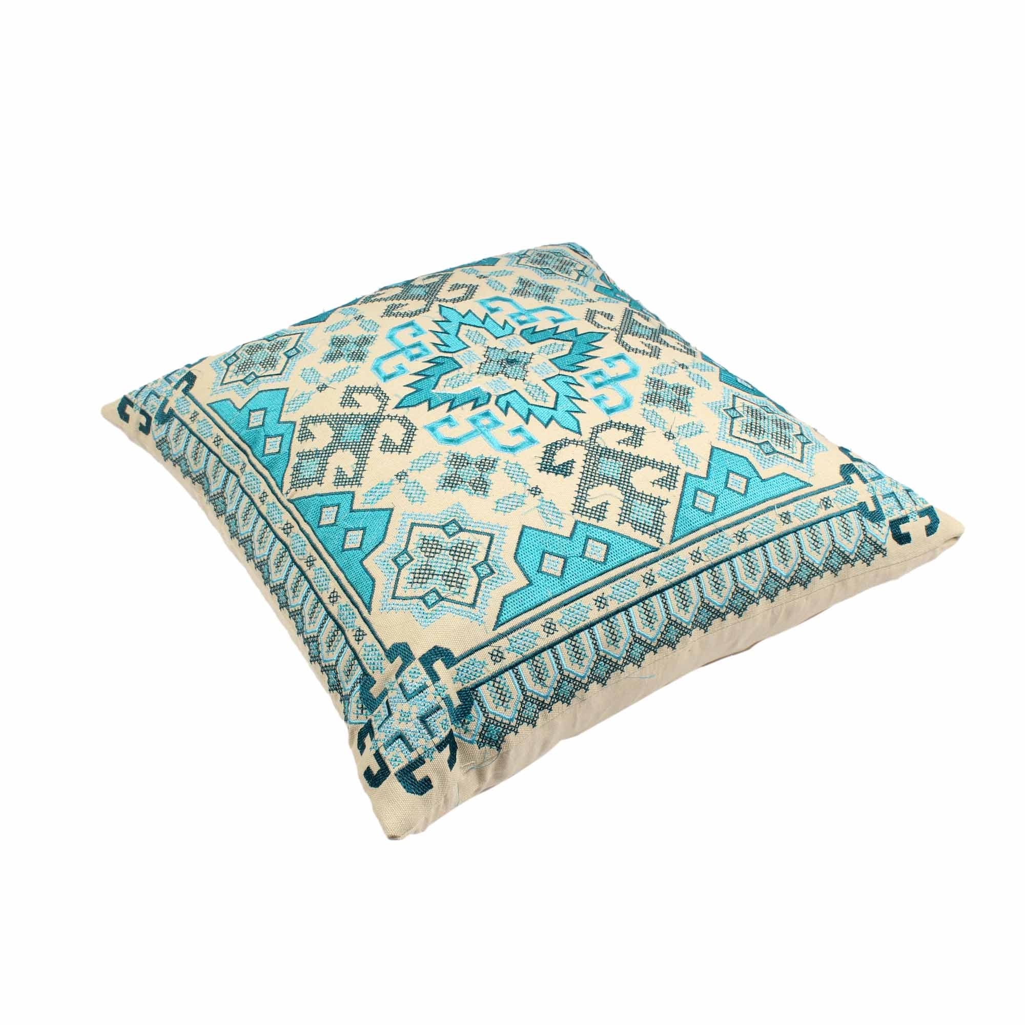 Teal Hand-made Cotton Embroidered Cushion Cover