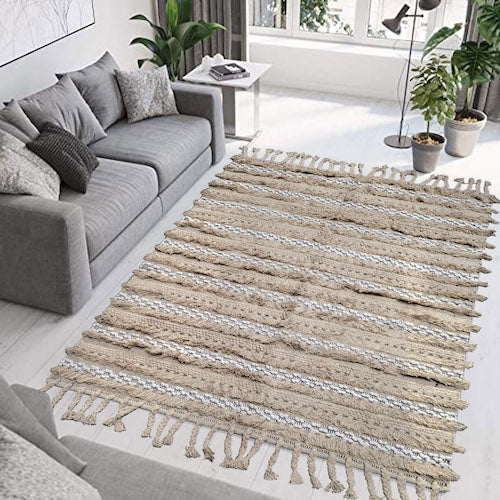 Hand-weaved 100% Cotton woven  Beige Rug