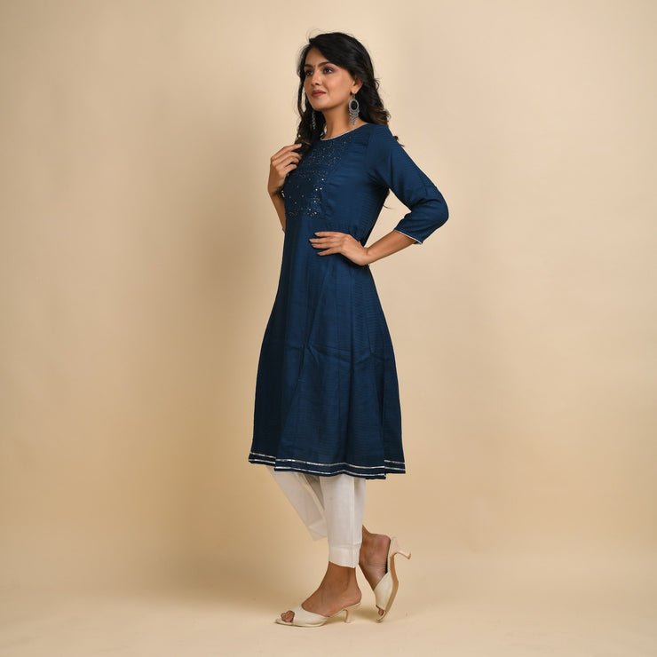 RangDeep Women Rayon Blue Embroidered Straight Kurti