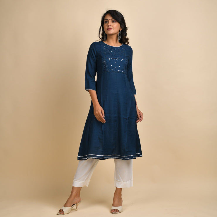 RangDeep Women Rayon Blue Embroidered Straight Kurti