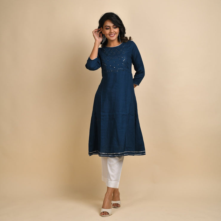 RangDeep Women Rayon Blue Embroidered Straight Kurti