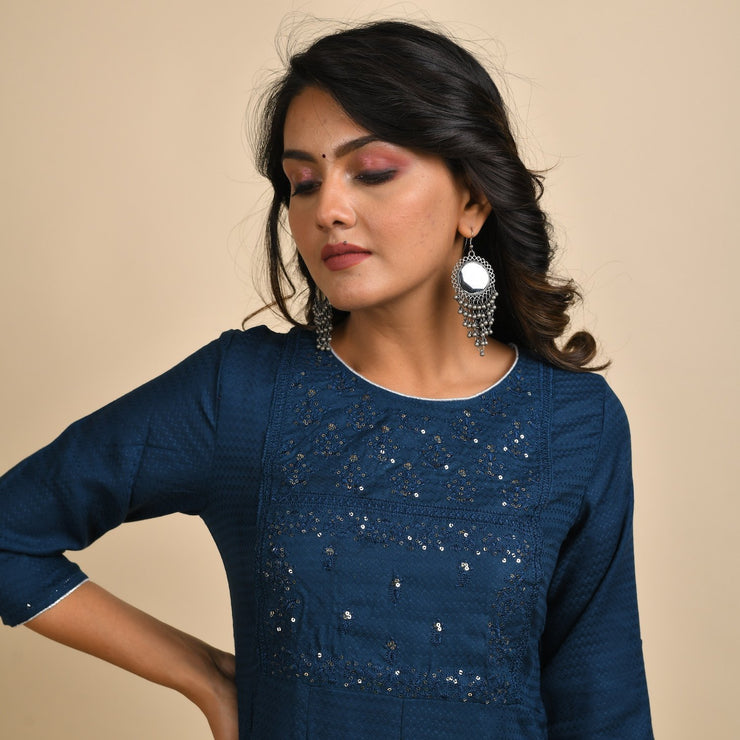 RangDeep Women Rayon Blue Embroidered Straight Kurti