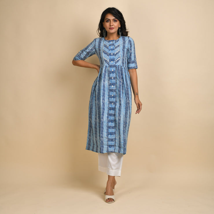 Rangdeep Indigo Stripes Calf length Cotton Kurti