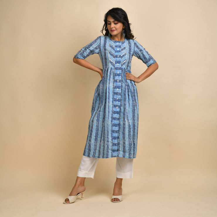 Rangdeep Indigo Stripes Calf length Cotton Kurti