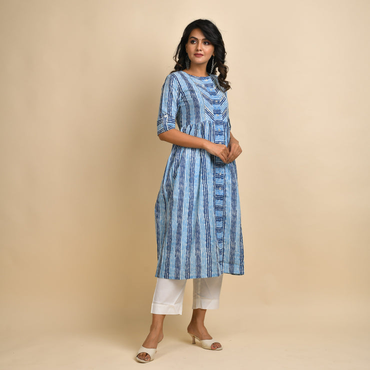 Rangdeep Indigo Stripes Calf length Cotton Kurti