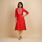 RangDeep Women Rayon Red Embroidered Straight Kurti