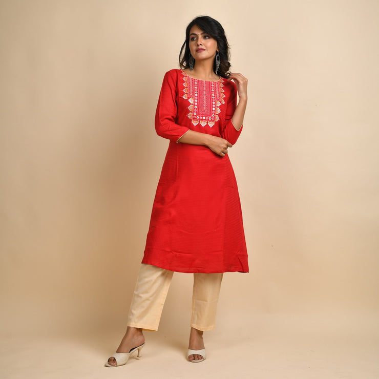 RangDeep Women Rayon Red Embroidered Straight Kurti