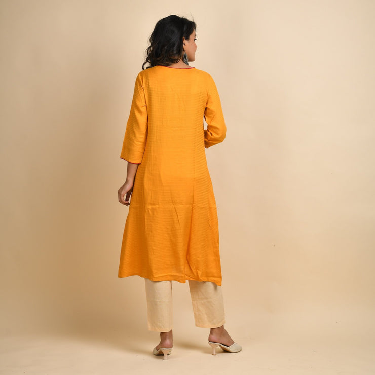 RangDeep Women Rayon Yellow Embroidered Straight Kurti