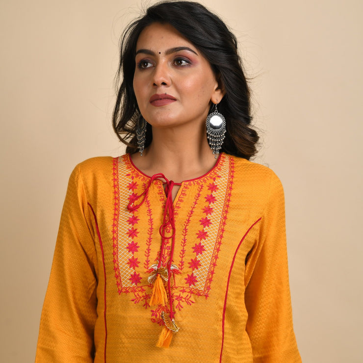 RangDeep Women Rayon Yellow Embroidered Straight Kurti