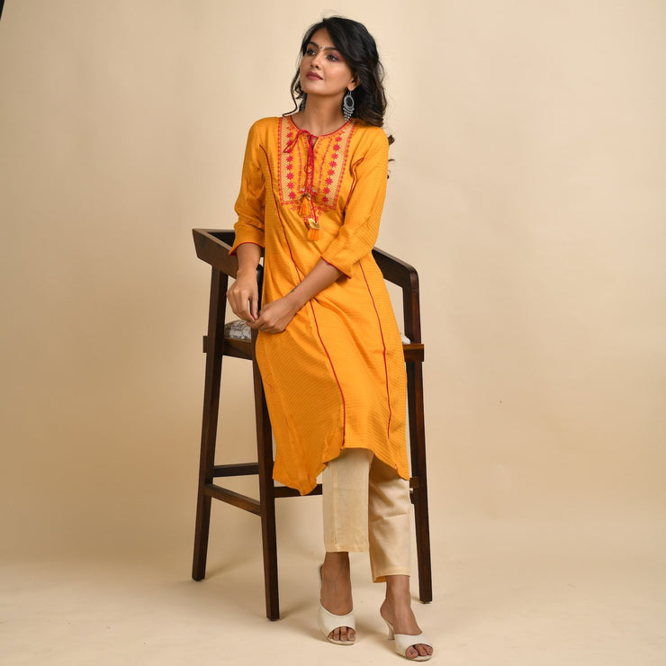 RangDeep Women Rayon Yellow Embroidered Straight Kurti